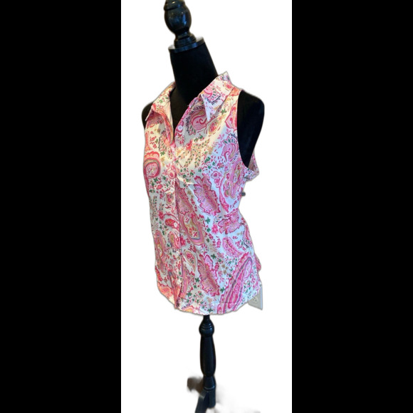 XL Blouse Pink Paisley Button Down Sleeveless Lightweight Collared Summer Top - Picture 3 of 8